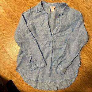 St. Tropez west 100% linen medium sky blue tunic blouse shirt with pearl buttons